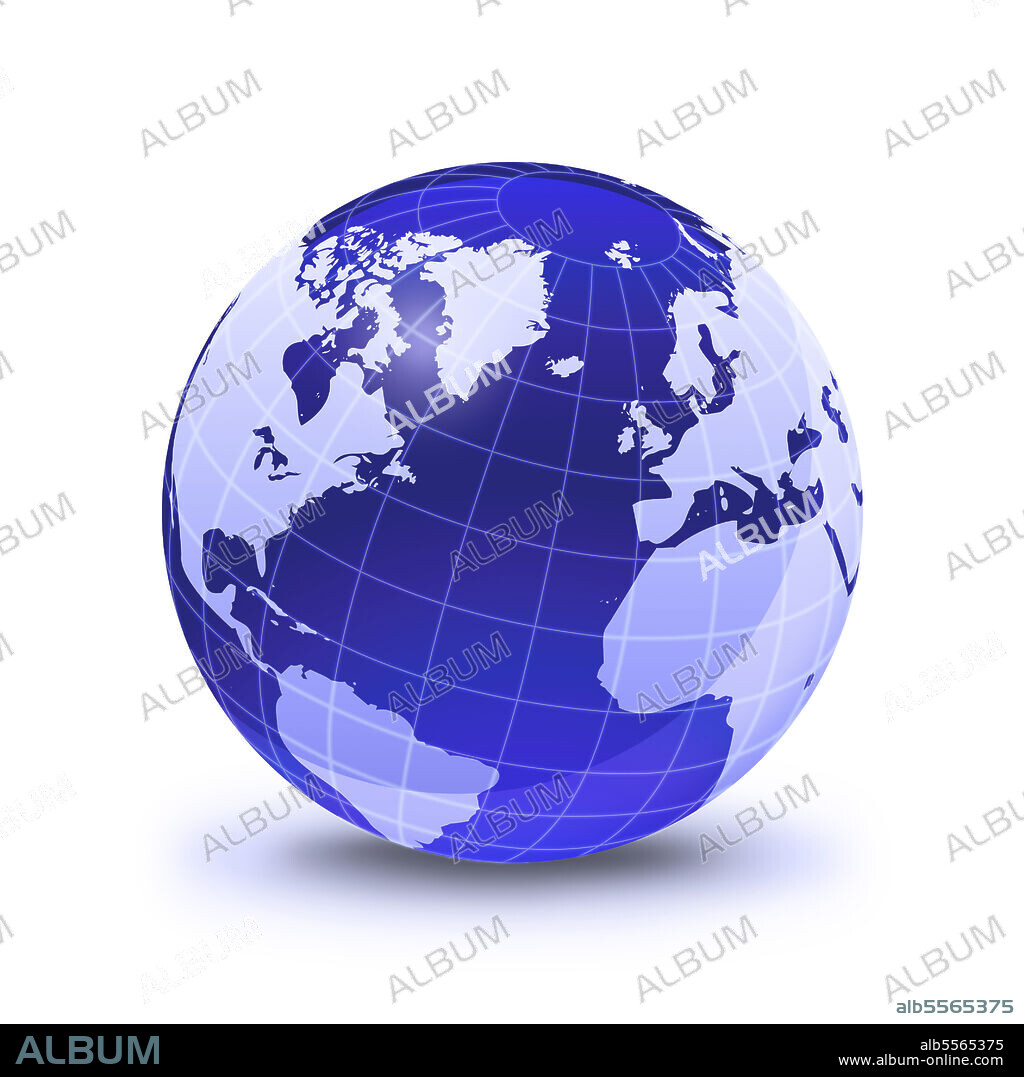 Stylized Earth globe with grid, centered on Atlantic Ocean, with North America, South America, Europe and Africa partially visible.