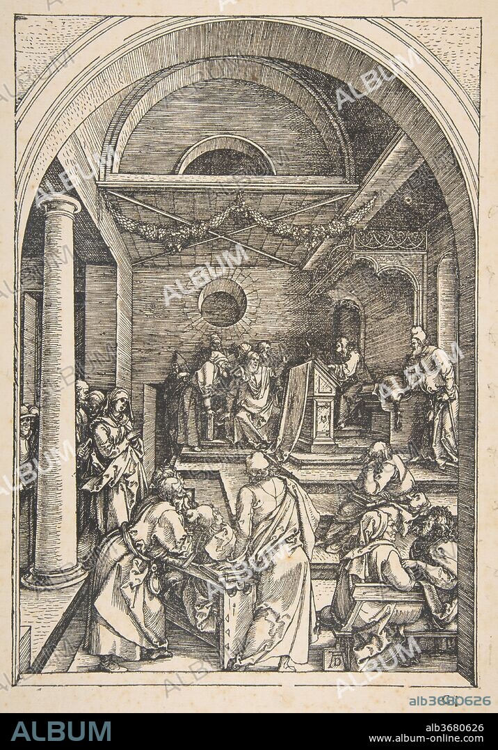 ALBRECHT DÜRER. Christ among the Doctors, from The Life of the Virgin, Latin Edition, 1511. Artist: Albrecht Dürer (German, Nuremberg 1471-1528 Nuremberg). Dimensions: sheet: 17 5/16 x 12 in. (43.9 x 30.5 cm)
block: 11 3/4 x 8 3/16 in. (29.9 x 20.8 cm). Date: n.d..