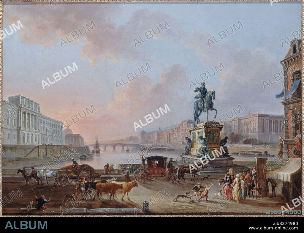 JEAN-BAPTISTE LALLEMAND. La Monnaie, Le Pont Royal and the Louvre, viewed from the Pont-Neuf, around 1775, c1775.