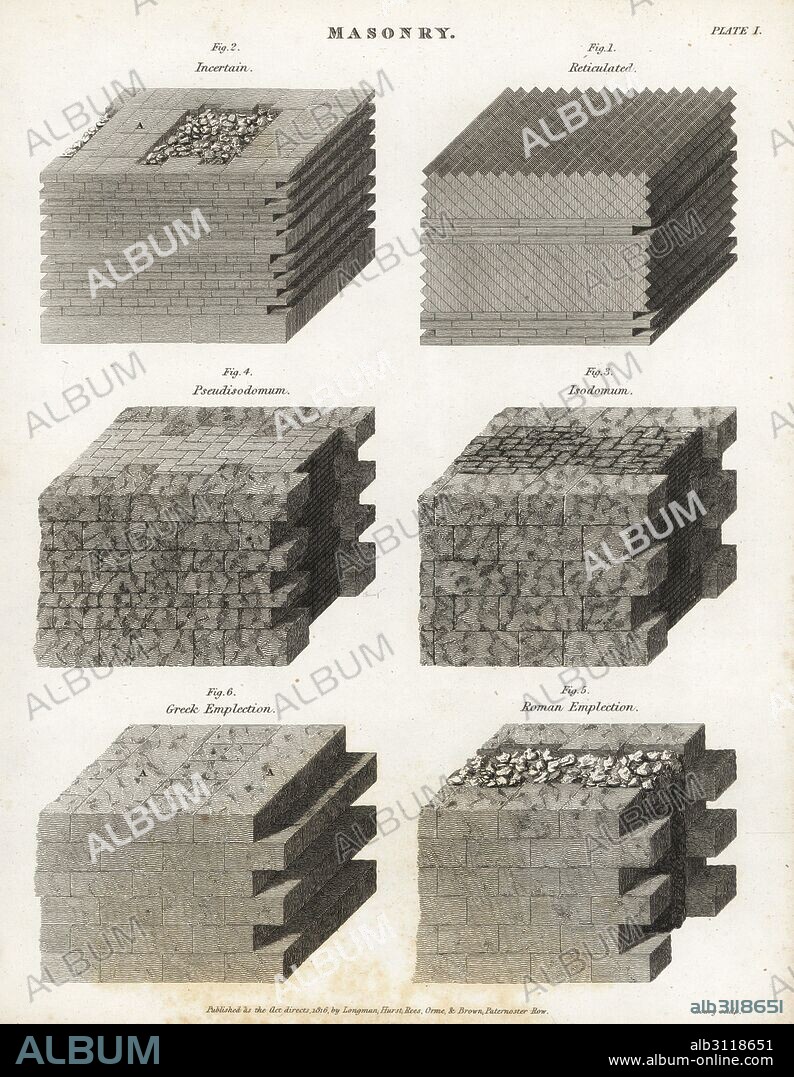 Varieties of masonry for walls, including reticulated, incertain, isodomum, pseudisodomum with unequal courses, Roman emplection with core of rubble and Greek emplection. Copperplate engraving by Wilson Lowry from Abraham Rees' Cyclopedia or Universal Dictionary of Arts, Sciences and Literature, Longman, Hurst, Rees, Orme and Brown, London, 1816.
