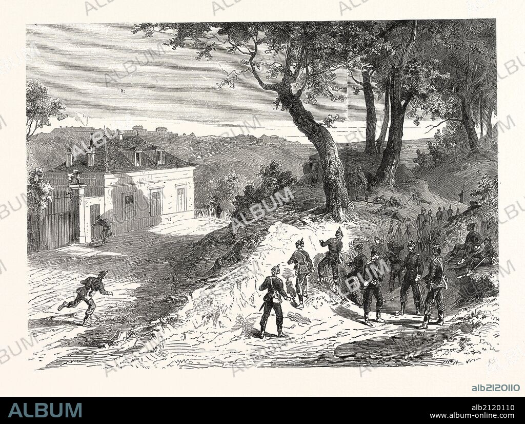 Franco-Prussian War: Picket below Noisy le Grand in front of Fort Nogent. From left to right: Fort Nogent, French Camp, Fort Rosny, suburbs of Paris, France.