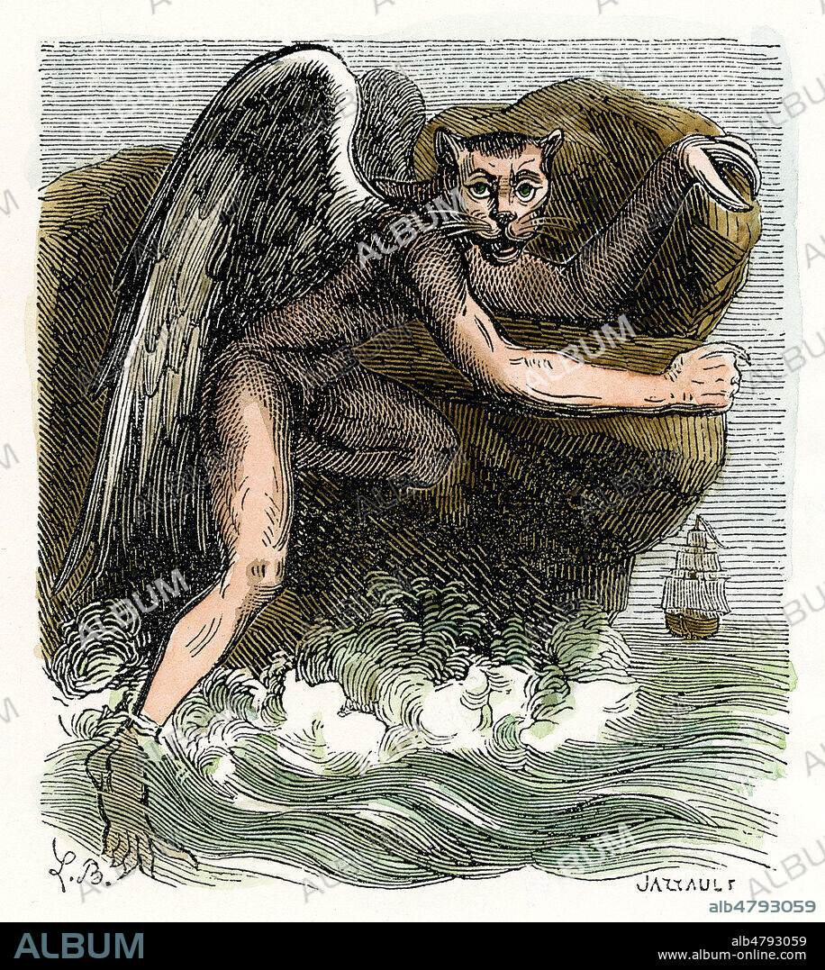 NICKAR ou Nick. Il habite les lacs et les rivieres de Scandinavie, ou il souleve des tempetes et des ouragans. Illustration de 1863 par Louis BRETON pour le Dictionnaire Infernal par Jacques COLLIN de PLANCY (1793-1887). Mise en couleur par nos soins. Credit Collection Jonas/Kharbine Tapabor.