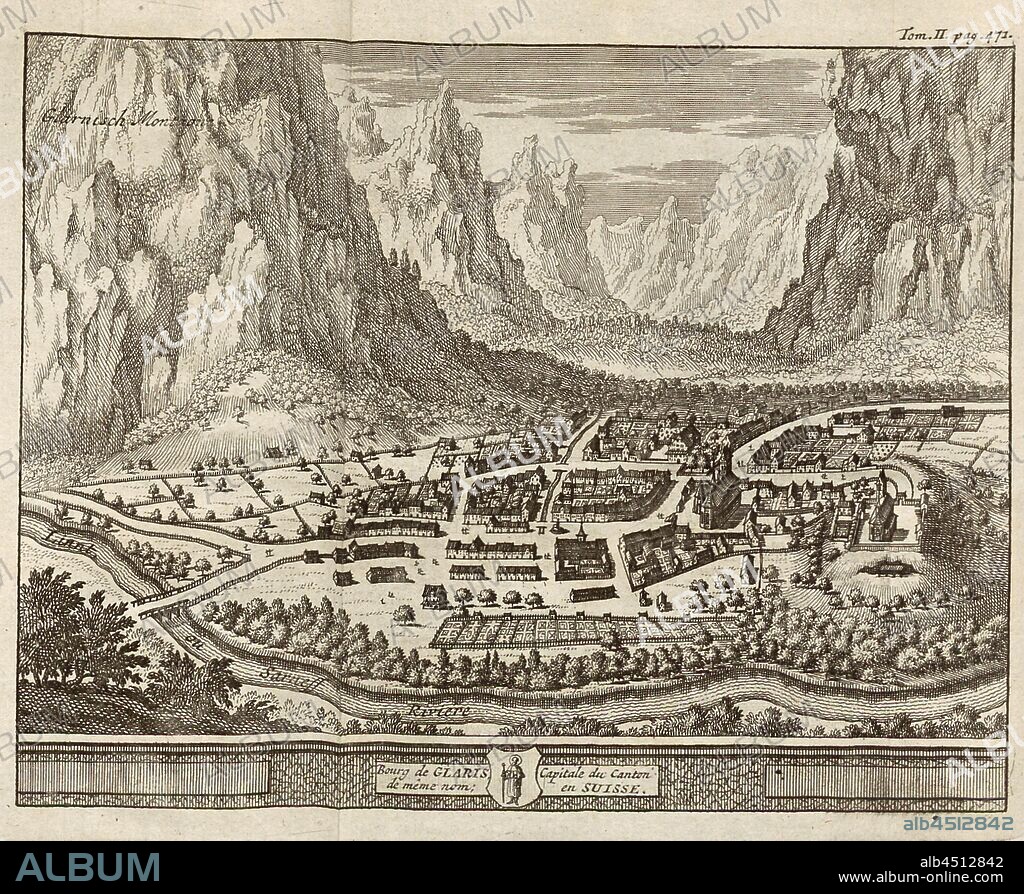 Bourg de Glaris, capitale du canton de même nom, en Suisse, Vogelschauplan of Glarus, S. 471 (Bd. 2), 1730, Johann Georg Altmann: L'état et les délices de la Suisse, en forme de relation critique, par plusieurs auteurs célèbres. Amsterdam: chez Wetsteins et Smith, 1730.