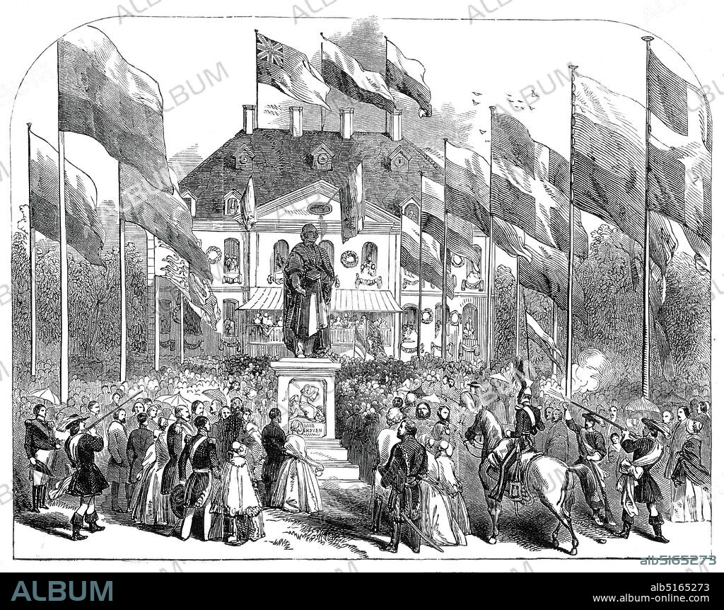 The Inauguration of the Statue of Beethoven, at Bonn, 1845.  Unveiling of the Beethoven Monument, a statue of German composer Ludwig van Beethoven, in Bonn, Beethoven's birthplace. View of the event, showing '...the moment when the white cloth was removed from the Statue in the Cathedral Square, at a signal given by Dr. Breidenstein, the President of the Committee. A discharge of cannon, and musketry, and the shouts of the enormous assemblage were heard at the unveiling. The Queen [Victoria], Prince Albert, and the King and Queen of Prussia, were in the balcony of Count Furstenburg's house'. The sculpture was designed by Ernst Julius Hähnel. From "Illustrated London News", 1845, Vol VII.