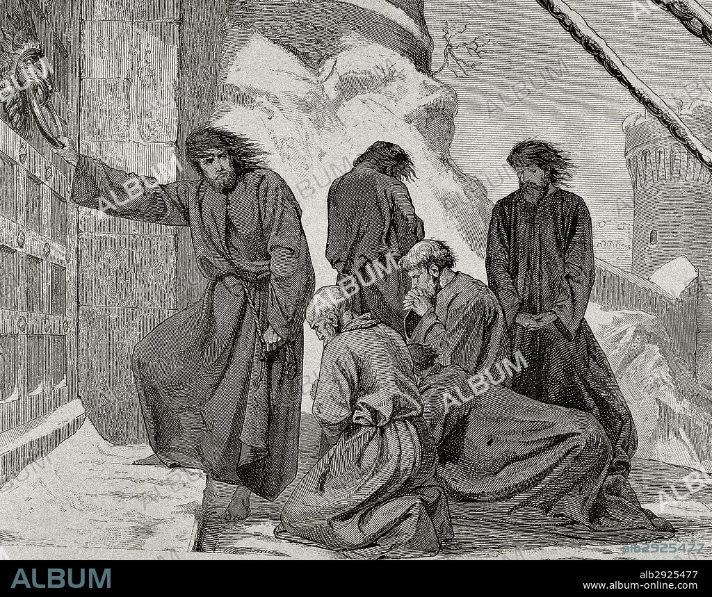 Henry IV (1050-1106). Holy Roman emperor. Henry IV at the entrance of the castle of Canossa (1077) to obtain the revocation of his excommunication of the Pope Gregory VII. Engraving.