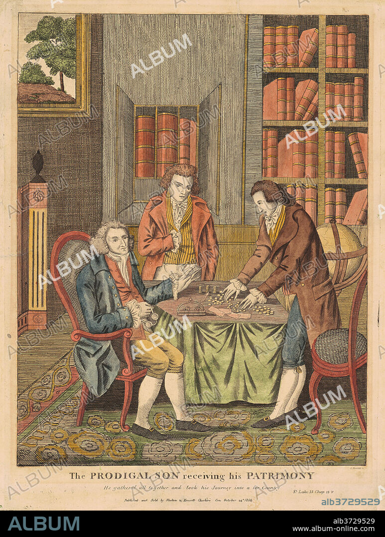 AMOS DOOLITTLE. The Prodigal Son Receiving His Patrimony. Dated: 1814. Dimensions: image: 30.48 × 24.45 cm (12 × 9 5/8 in.)  sheet: 36.2 × 28.26 cm (14 1/4 × 11 1/8 in.). Medium: hand-colored engraving on wove paper.