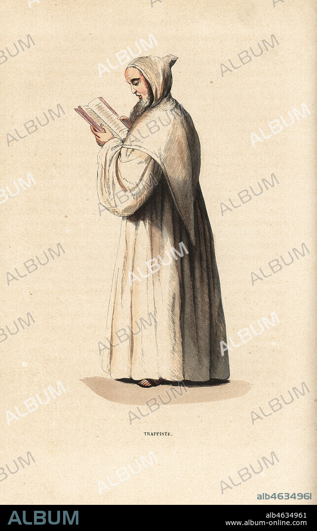 Trappist monk reading a Bible, Order of Cistercians of the Strict Observance, Trappiste, L'ordre cistercien de la Stricte Observance. Handcoloured woodblock engraving after an illustration by Jacques Charles Bar from Abbot Tirons Histoire et Costumes des Ordres Religieux, Librairie Historique-Artistique, Brussels, 1845.