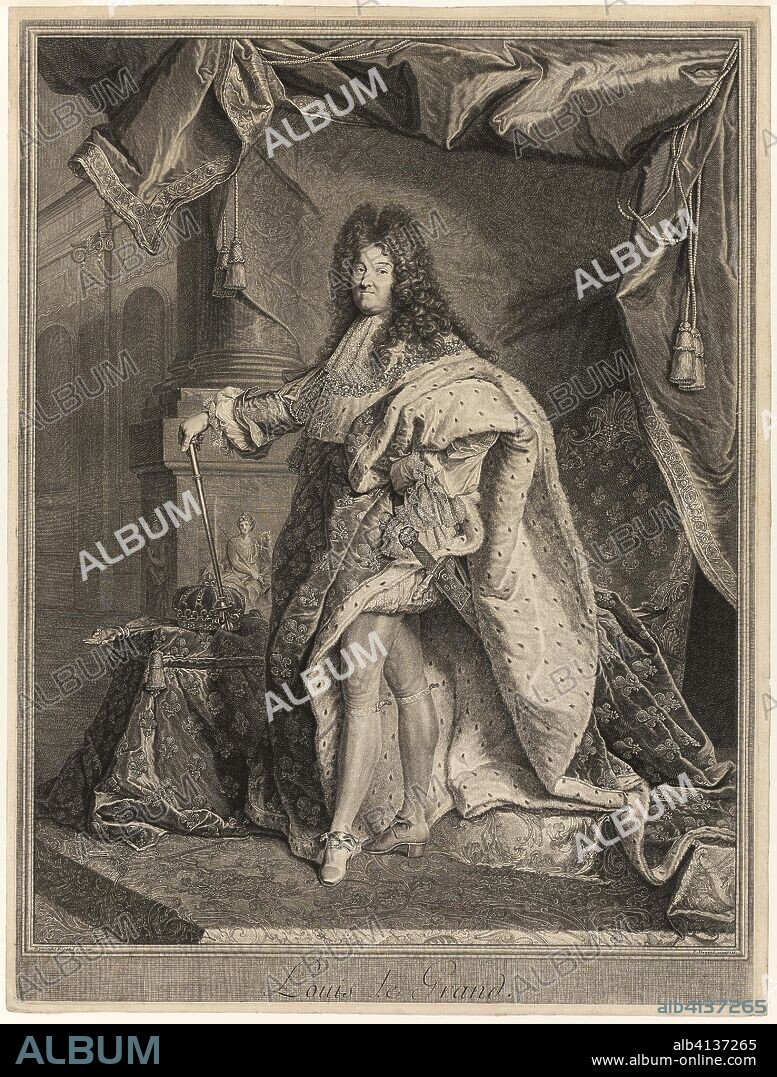 Portrait of Louis XIV. Pierre Drevet (French, 1663-1738); after Hyacinthe Rigaud (French, 1659-1743) and Jean-Marc Nattier (French, 1685-1766). Date: 1712. Dimensions: 684 × 513 mm (image); 688 × 517 mm (plate); 702 × 530 mm (sheet). Engraving on ivory laid paper. Origin: France.