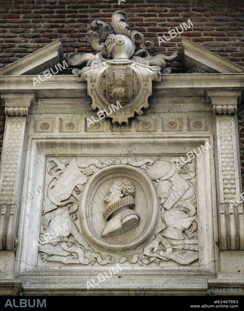 Miguel de Cervantes Saavedra (1547-1616). Spanish writer. Author of Don Quixote. Commemorative relief on the facade of the Convent of Las Trinitarias, where Cervantes is buried. Madrid, Spain.
