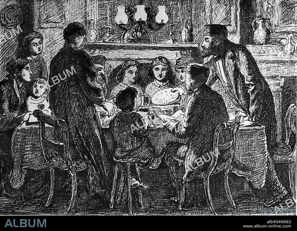 Seder meal, Passover, mid-late 19th century. A Jewish family share the ceremonial evening meal known as the Seder, at which unleavened bread is eaten.