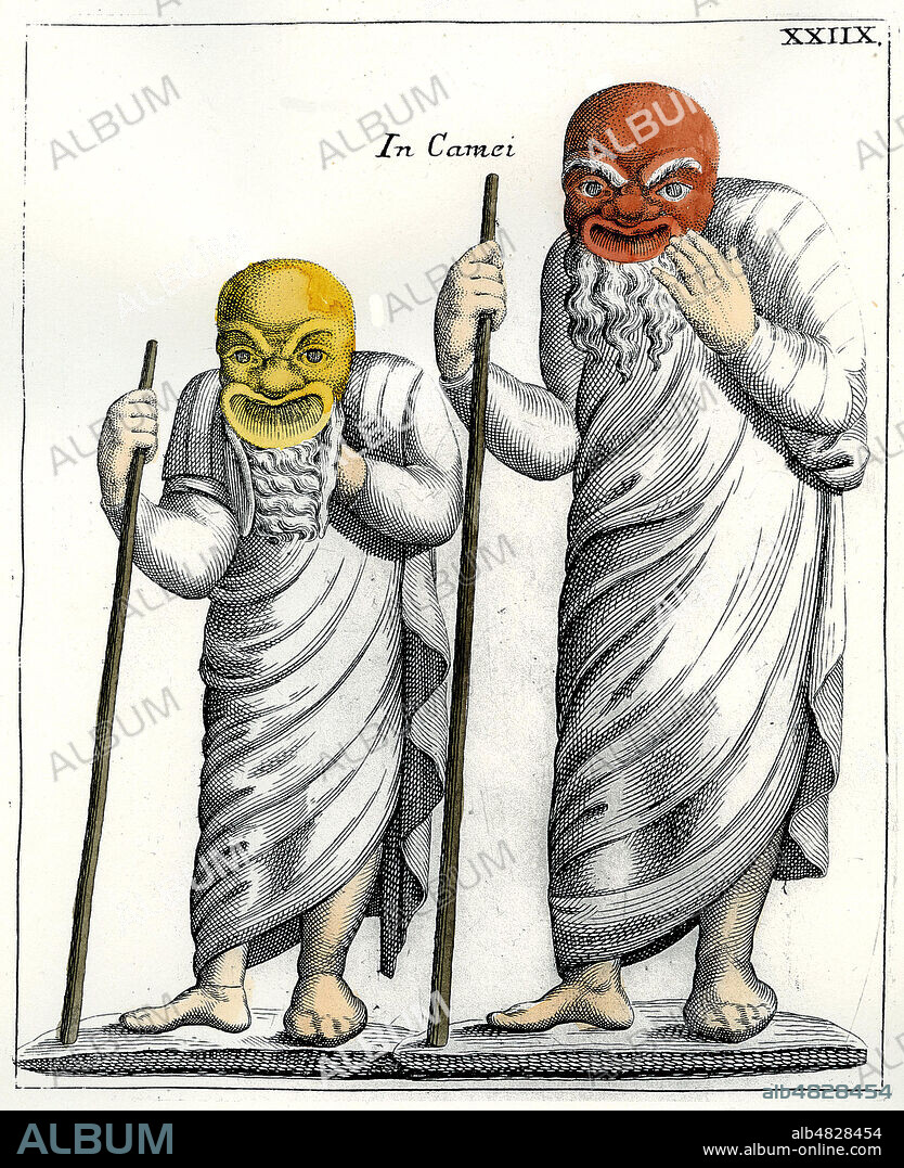 Deux personnages masqués, personnages de theatre romain, Bouffons ou Nains, Rome antique, masques d'argile avec postiches de barbe. Gravure in Le Maschere sceniche e le figure comiche d'Antichi Romani (Francesco de 'Ficoroni, Les masques de théâtre et les figures comiques d'anciens Romains brievement decrits ), de Francesco de Ficorini (1664-1747) archeologue, antiquaire et collectionneur erudit italien. Credit KHARBINE TAPABOR.