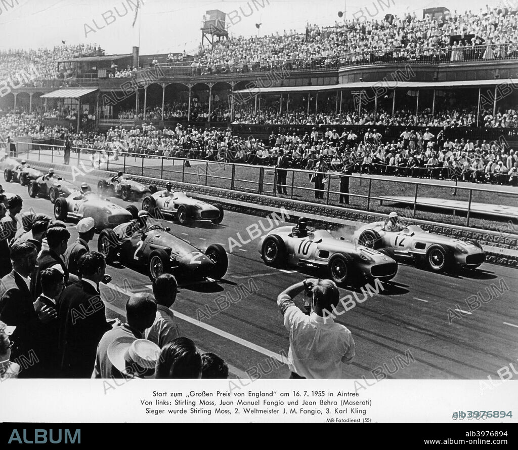 Start of the British Grand Prix, Aintree, Liverpool, 1955. From left to right on the front row are Jean Behra (Maserati), Juan Manuel Fangio and Stirling Moss (both Mercedes). Moss went on to win the race from Fangio, while Behra's race ended on lap 10 with mechanical trouble.
