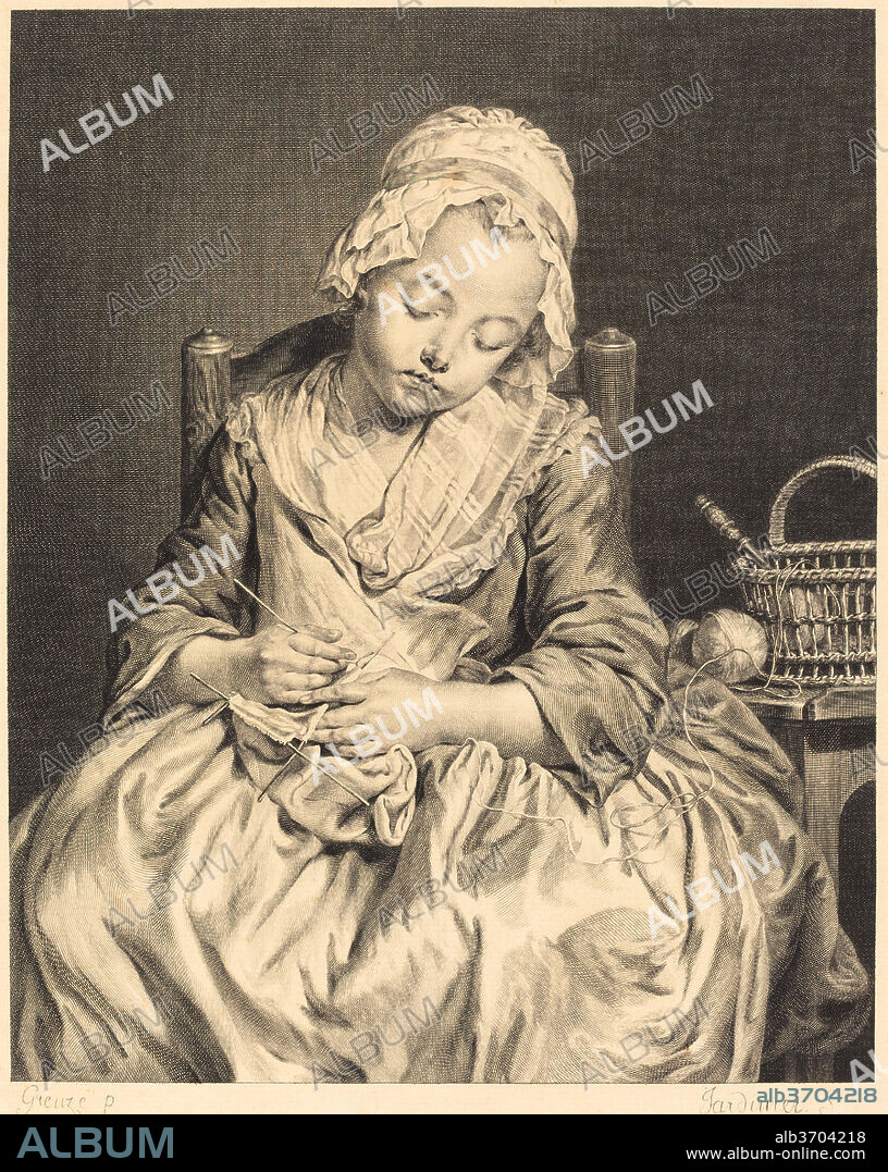 CLAUDE-DONAT JARDINIER AFTER JEAN-BAPTISTE GREUZE. La tricoteuse endormie. Dated: 1765. Medium: engraving.