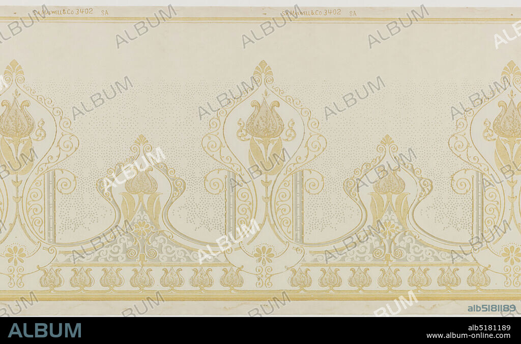 Frieze, Maxwell & Co., S.A., Chicago, Illinois, USA, Machine-printed paper, A repeating pattern of scrolled cartouches containing a tulip flower and stem connected to a smaller similar design on a dotted background of simple flowers and larger dots giving way at the top to flowers and larger dots. Bordered by horizontal bands at the top and at the bottom by repeating tulip flower and horizontal bands. Printed in white, gold, gray and pale gray., USA, 19051915, Wallcoverings, Frieze.
