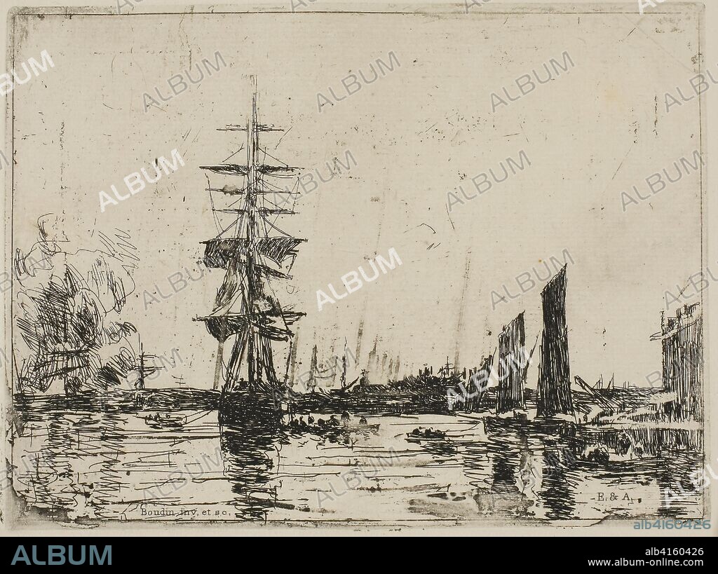 EUGENE BOUDIN. Seascape with Boats. Eugène Louis Boudin; French, 1824-1898. Date: 1898. Dimensions: 120 × 160 mm (plate); 222 × 285 mm (sheet). Etching on ivory laid paper. Origin: France.