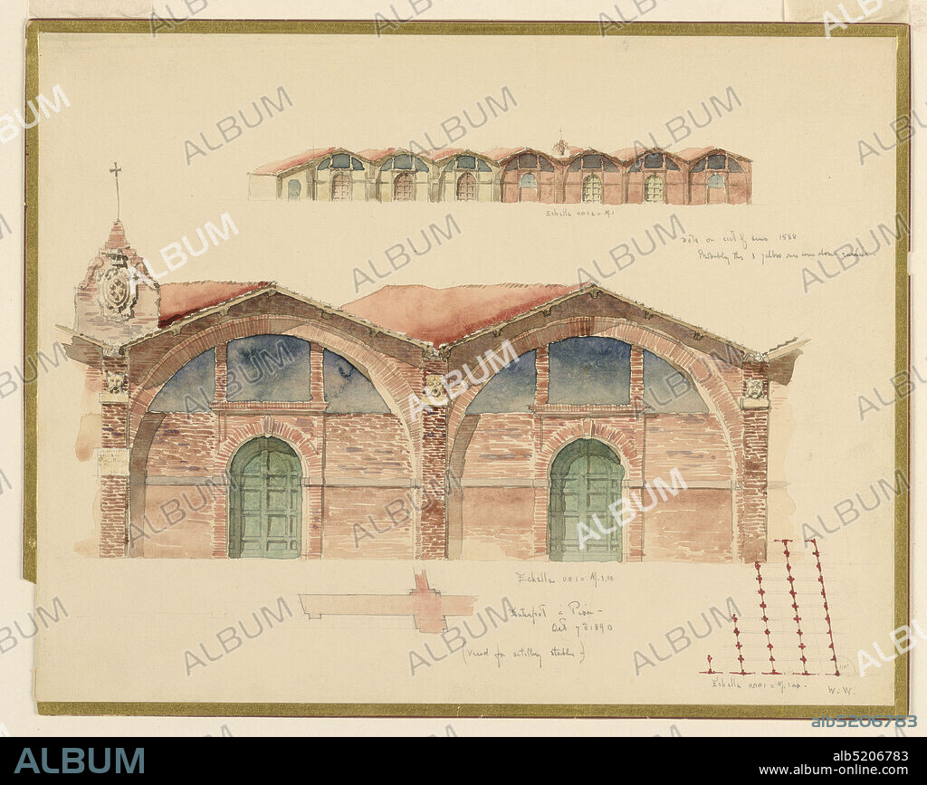 A Warehouse of the 16th Century in Pisa, Italy, Whitney Warren Jr., American, 18641943, Graphite, brush and watercolor on paper, Above, elevation of a slightly, obliquely disposed one-story building of eight bays, five of which contain doors; center, elevation of two of the brick bays; a pedestal with the coat of arms of the Medici rises over a pilaster at left; scale below; lower section, a plan of wall beside a door and a part of the plan of the building., USA, October 7, 1890, architecture, Drawing, Drawing.