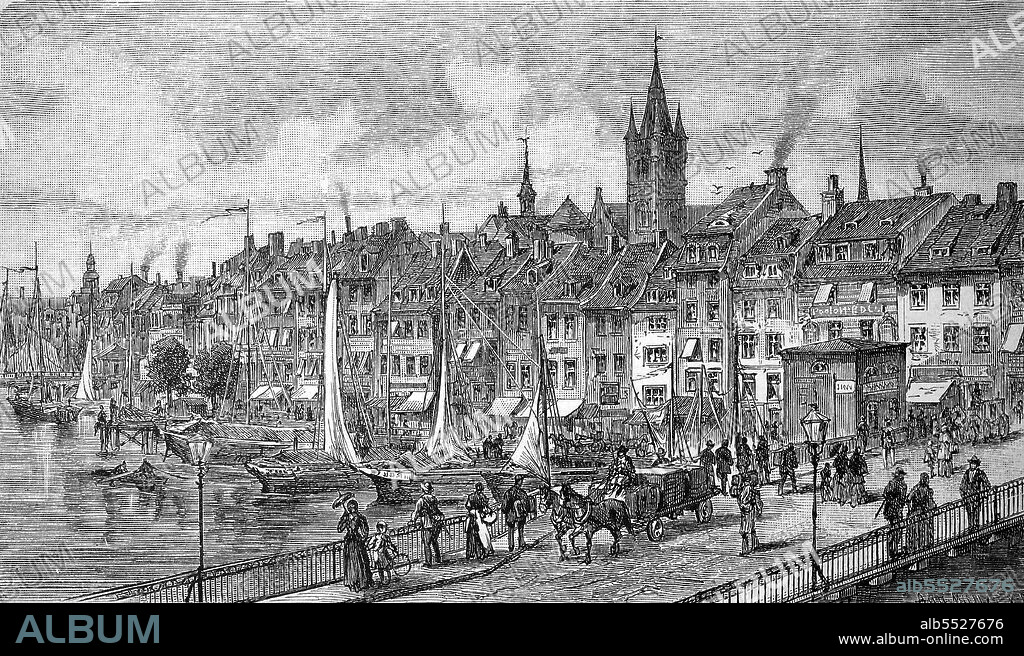 View from the wooden bridge to Old Town, Konigsberg, Kaliningrad, Russia, in 1880.
