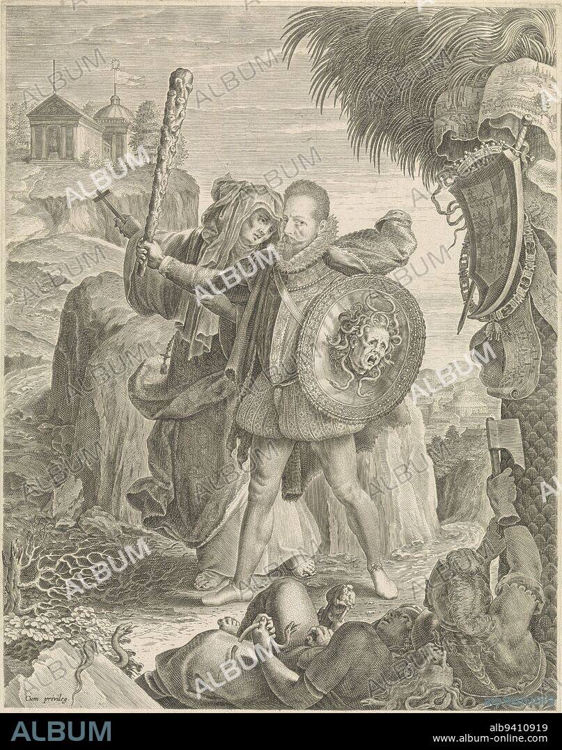 Allegory with Alessandro Farnese, the Duke of Parma, as an advocate of the Catholic Church in the Netherlands, 1585. Parma as Hercules with club and shield is pointed to a rock by the personification of (Catholic) Religion to the Temple of virtue. In front of him lie defeated on the ground Artificialism (Invidia), Infatuation (Impietas) with a broken statue of saints and Hostile Power (Vis Inimica). On the palm tree on the right hang the coat of arms of Parma and images of the siege of Antwerp and the ship bridge in 1585, Allegorical portrait of Alessandro Farnese, Duke of Parma., print maker: Gijsbert van Veen, (mentioned on object), intermediary draughtsman: Otto van Veen, (mentioned on object), unknown, (mentioned on object), 1585 - 1628, paper, engraving, h 365 mm × w 237 mm.