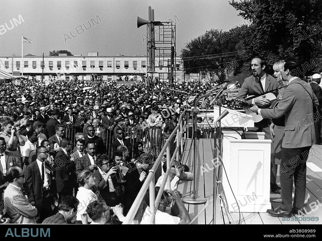 Entitled: "Entertainment: Vocalists Peter, Paul, and Mary." The March on Washington for Jobs and Freedom was one of the largest political rallies for human rights in United States history and called for civil and economic rights for African-Americans. On Wednesday, August 28, 1963. Martin Luther King, Jr., standing in front of the Lincoln Memorial, delivered his historic "I Have a Dream" speech in which he called for an end to racism. The march was organized by a group of civil rights, labor, and religious organizations, under the theme "jobs, and freedom". Estimates of the number of participants varied from 200,000 to 300,000; it is widely accepted that approximately 250,000 people participated in the march. Observers estimated that 75-80% of the marchers were black. The march is credited with helping to pass the Civil Rights Act (1964) and preceded the Selma Voting Rights Movement which led to the passage of the Voting Rights Act (1965). Peter, Paul and Mary were a United States folk-singing trio whose nearly 50 year career began with their rise to become a paradigm for 1960s folk music. The trio was composed of folk song writer Peter Yarrow, (Noel) Paul Stookey and Mary Travers. They performed "If I Had a Hammer" and "Blowin' in the Wind" at the March on Washington.