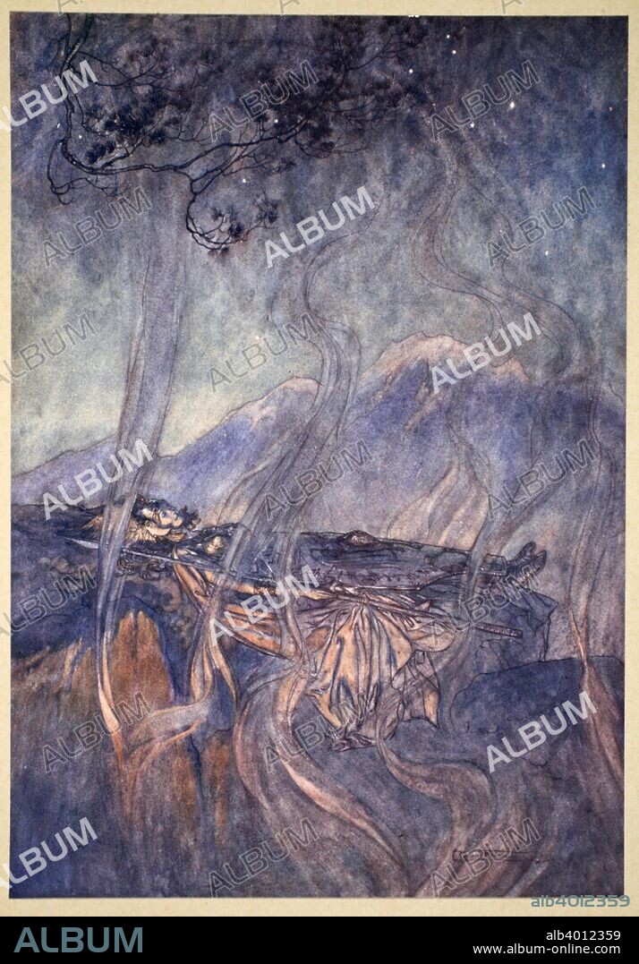 'The sleep of Brunnhilde', 1910. Illustration from The Rhinegold and the Valkyrie. Brunnhilde sleeps in the fire circle, destined to be there until a hero can break through the magic ring to awaken her with a kiss. From a private collection.
