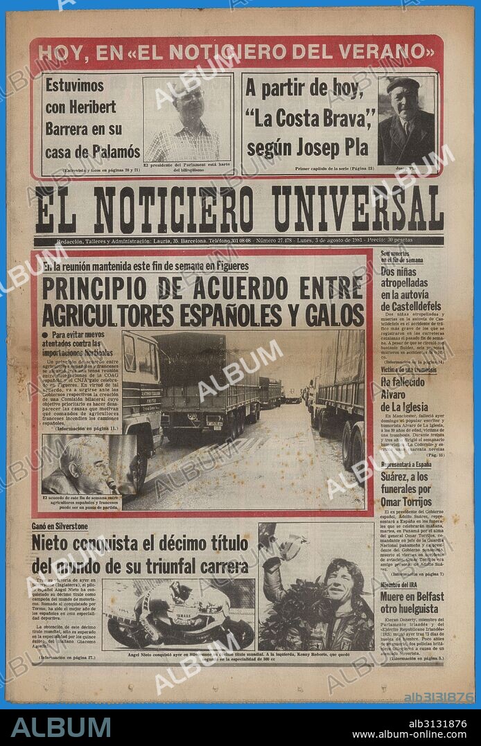 Portada del diario El Noticiero Universal, editado en Barcelona, agosto de 1981.