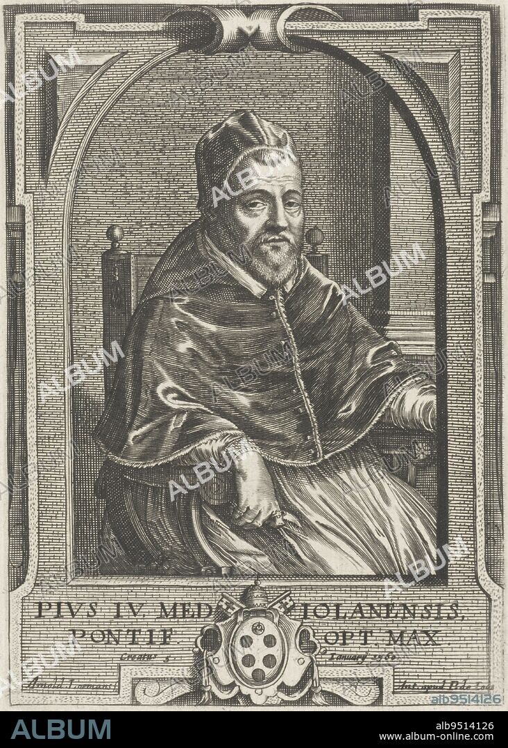Portrait of Pope Pius IV, Arnold Loemans, 1632 - 1670, Portrait of Pope Pius IV, with his papal coat of arms., print maker: Arnold Loemans, (mentioned on object), publisher: Pieter de Jode, (mentioned on object), Antwerp, 1632 - 1670, paper, engraving, h 173 mm × w 123 mm.