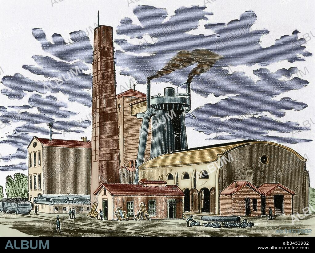 Historia de los Estados Unidos. Fábrica "Ashland" en el año 1876. Estado de New Jersey. Grabado del siglo XIX. Coloreado.