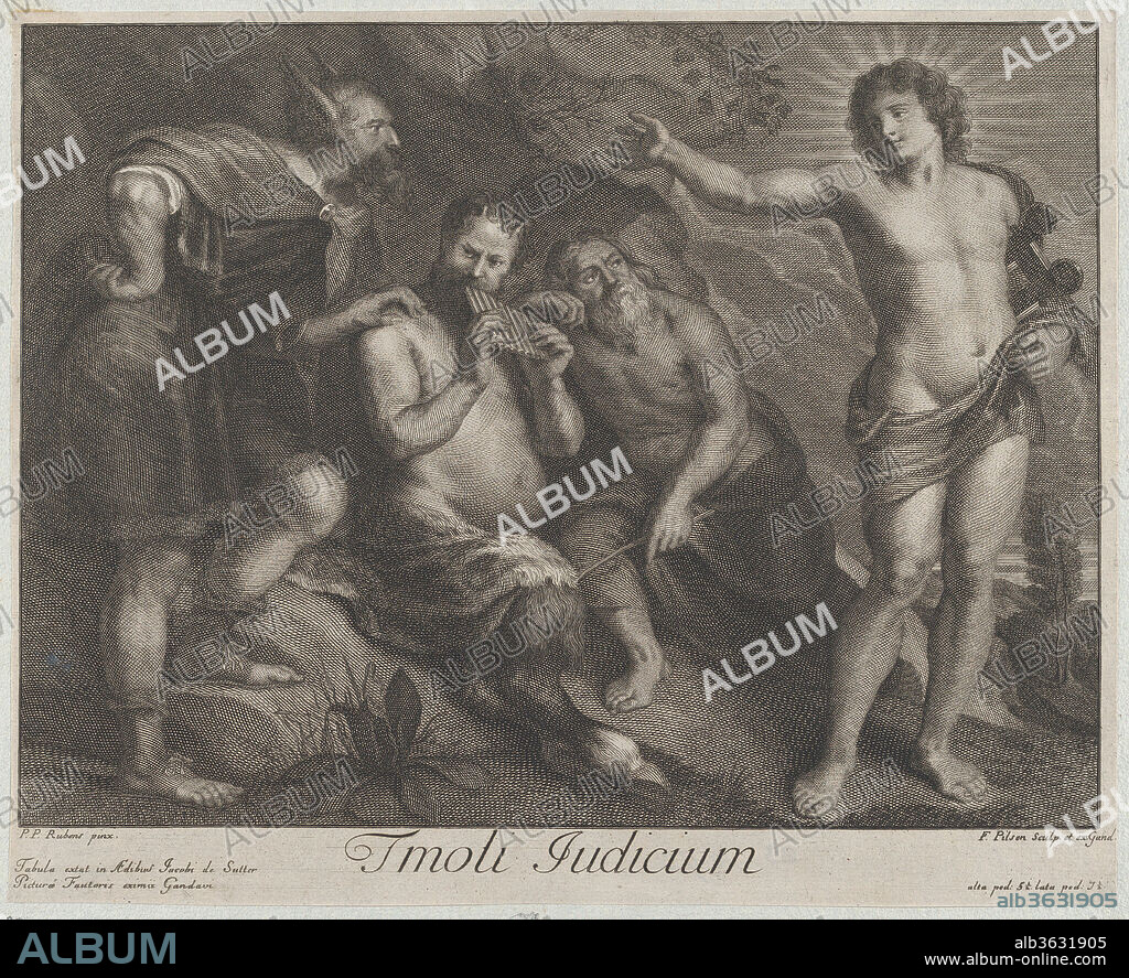 The Judgment of Midas. Artist: After Peter Paul Rubens (Flemish, Siegen 1577-1640 Antwerp). Artist and publisher: Frans Pilsen (Flemish, Ghent 1700-1784 Ghent). Dimensions: Sheet (Trimmed): 9 5/16 × 11 7/16 in. (23.6 × 29.1 cm). Published in: Ghent. Date: ca. 1734-77.