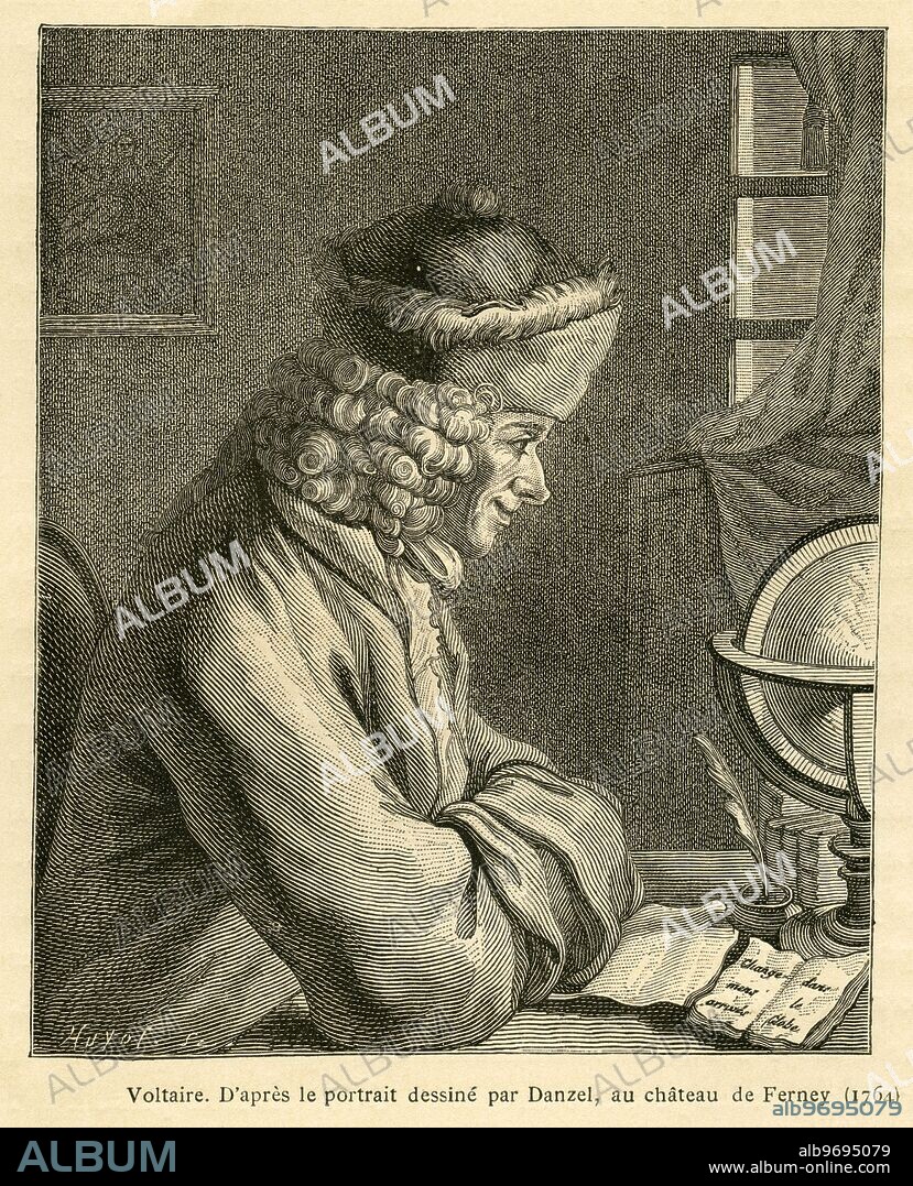 Europe, France, Paris, Voltaire, Frech philosopher, portrait, after a drawing by Danzer on Ferney castle ? , image from : L'Ancienne France, Le Livre , par M. P. Louisy , publishing house : Librairie de Firmin-Didot et Cie. , Paris, 1887 .