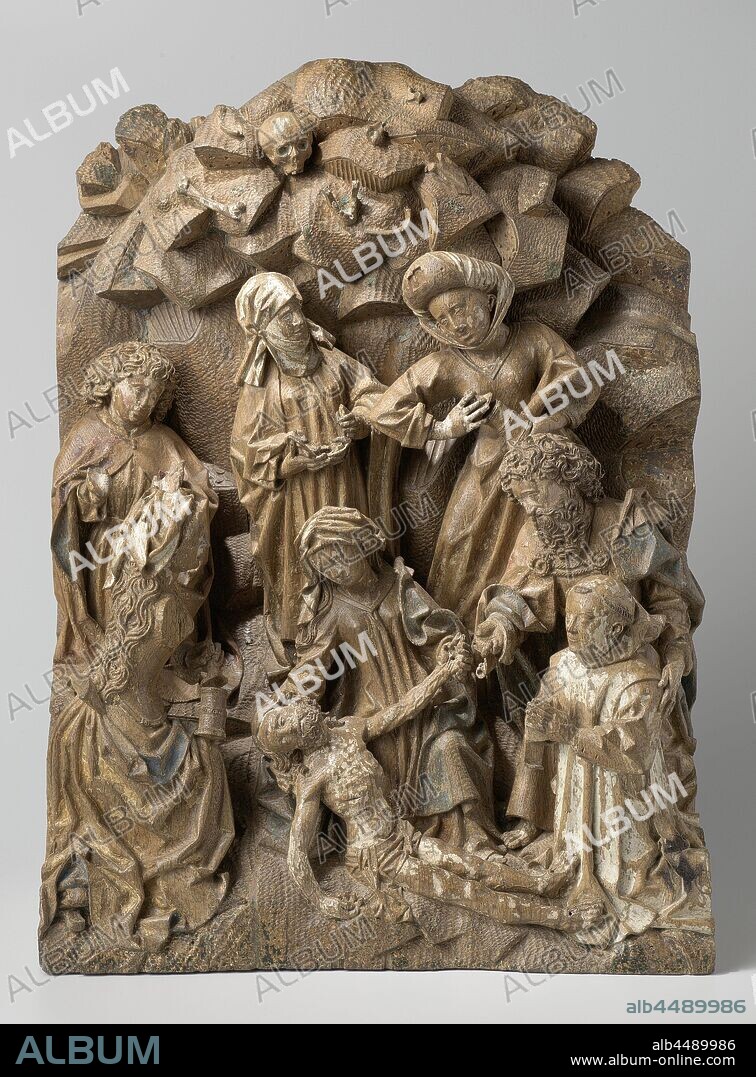 The Lamentation Lamentation of Christ with a kneeling founder, At the foot of a Calvary mountain made of rocks, Christ lies stretched out to the right in front of the Mary who is lying on one knee. She supports Christ's head with the right hand, while holding up his left hand with the other. On the left, half-back, with one knee on the floor, Mary Magdalene turns to Christ, with the half-opened ointment canister between the left hand and the right knee, behind her, also kneeling, St. Jan with raised hands, palms facing out, expressing his emotion. In Christ's feet the founder kneels in prayer, a Carthusian, behind him is his bracing pattern. He holds the left hand against the shoulder of his protégé and points to Christ with the other. A spell band (violated) previously bound the hands of both people. Behind the protective pattern is probably Mary, the mother of James and John, also with an ointment canister, she has her suspended dress under the left arm. Behind Christ's mother a fourth female figure, perhaps Salome, with the crown of thorns. On the cross, a skull, a lower jaw, and other bones. Mary wears a robe with V-shaped neckline, a cloak, a headscarf and pointed shoes, Magdalena a tight-fitting jacket with V-shaped neckline and a belt with buckle, a headscarf, a hood hanging from the shoulders with a falling cap and a trip to the left foot. St. Jan a cloak closed on the chest with two buttons over a tunic with a raised collar and girdle, the pattern is a tunic with a belt and a cloak closed on the chest with a double cord between two archers. Salomé a bourrelet, held under the chin by a cloth, furthermore a robe with V-shaped neckline and folded sleeves at the bottom, the third Maria a headscarf with a child's cloth attached to it by two buttons and a dress over which a mantle, Christ's body lying on the ground (donor (s), supplicant (s), or not with patron saint (s)), Arnt van Zwolle, Nederrijn, c. 1480, oak (wood), h 54 cm × w 40 cm.
