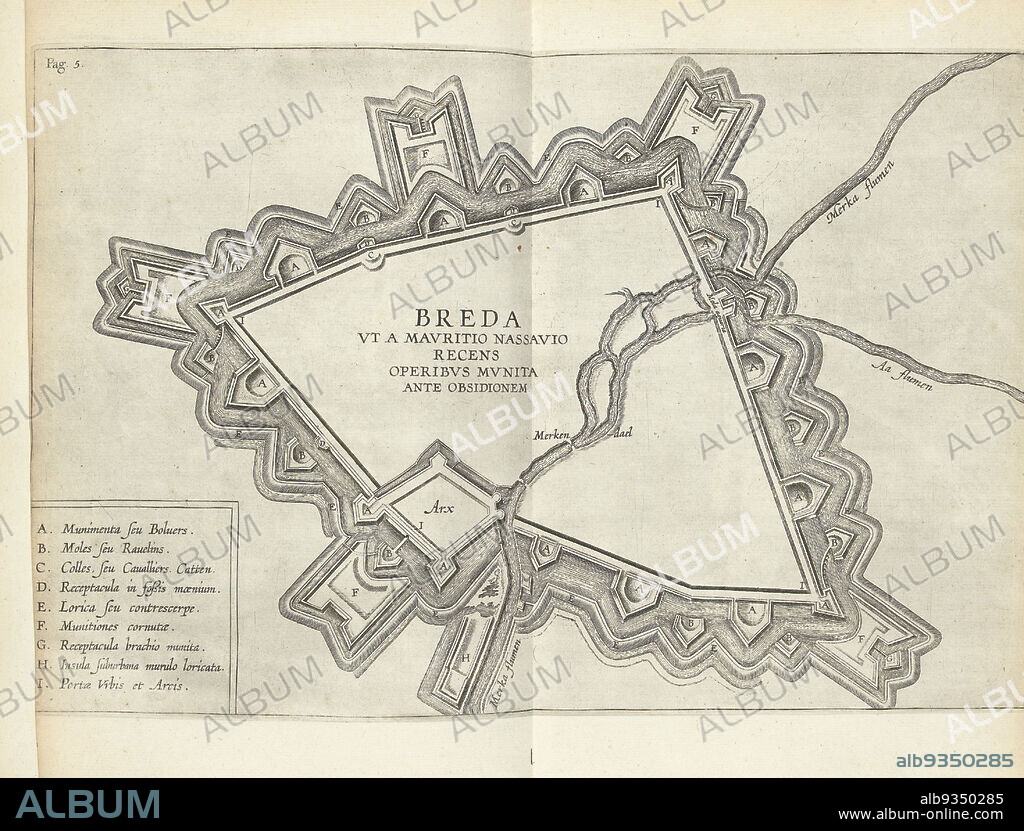 Map of Breda, 1624-1625, Breda ut a Mauritio Nassauio recens operibus munita ante obsionem (title on object), Map of Breda with the fortifications around the city constructed by Prince Maurits, 1624-1625. Bottom left legend A-I., print maker: anonymous, print maker: Theodoor Galle (possibly), Southern Netherlands, 1625 - 1626, paper, etching, height 236 mm × width 355 mm.
