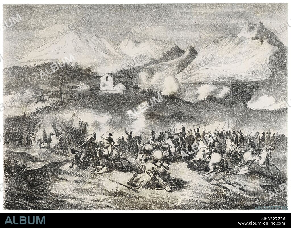 Historia de España. Batalla de Valls en febrero de 1809, también conocida como la batalla del Pont del Goi, durante la Guerra del Francés entre las fuerzas del mariscal Laurent Gouvion Saint-Cyr y las fueras españolas del general Teodoro Reding. Grabado de 1880.