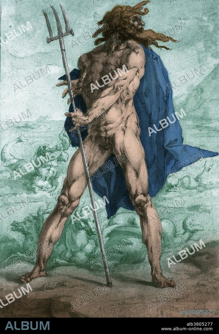 A drawing by Jan Harmensz Muller (1571-1628) of Neptune with his trident and horses. Neptune was the Roman god of freshwater and the sea in Roman religion. He is the counterpart of the Greek god Poseidon. In the Greco-Roman mythology, he was the brother of Jupiter and Pluto, each of them presiding over the realms of Heaven, our earthly world and the Underworld, respectively. Like Poseidon, Neptune was worshipped by the Romans also as a god of horses, under the name Neptunus Equester, a patron of horse racing.