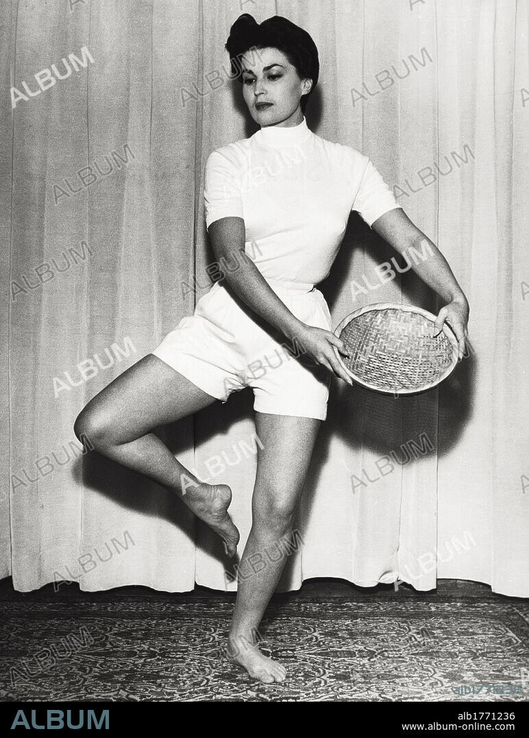 Portrait of Silvana Mangano balancing on one foot. Portrait of Italian actress Silvana Mangano balancing on one foot. 1950s.