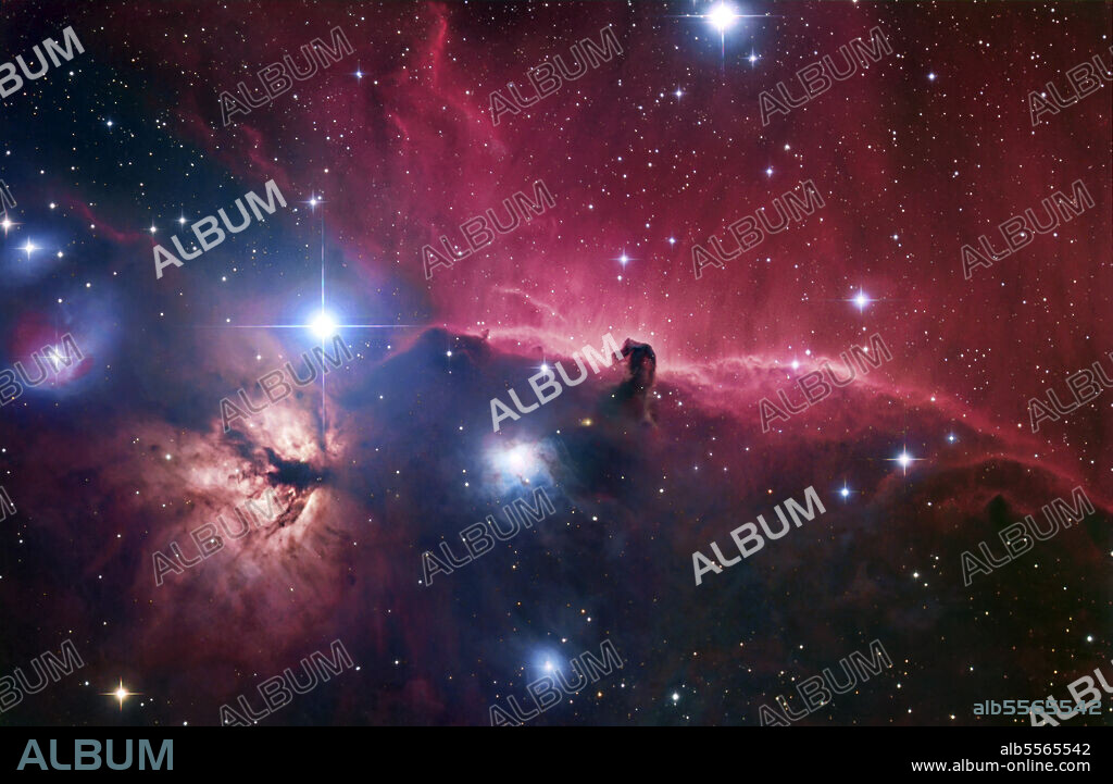 The Horsehead Nebula, also known as Barnard 33 in bright nebula IC 434, is a dark nebula in the Orion constellation.