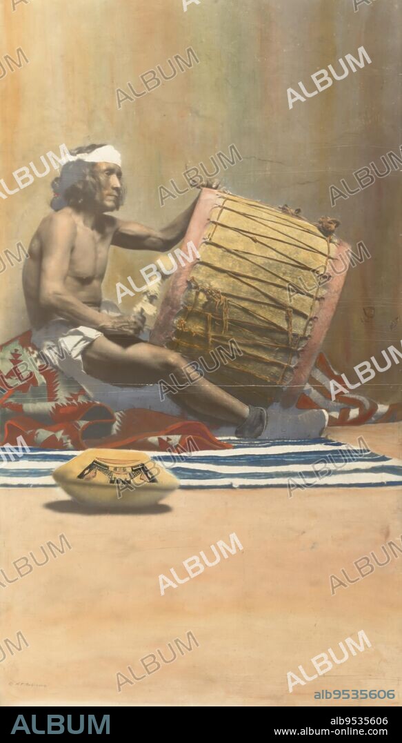 H. R. ROBINSON. Hopi Musician Playing Drum. watercolor on photograph.