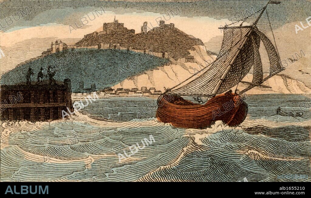 Packet boat leaving Dover, Kent, England, for France. Packet boats carried the mail. From "Scenes in England" by the Rev. Isaac Taylor, London, 1822. Hand-coloured engraving.  (Photo by: Universal History Archive/UIG via Getty Images).