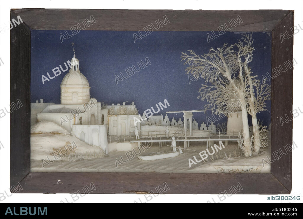bavelaar, Cornelis Bavelaar the Younger Attributed to, between 1800-1831, bone, wood, glass, paper, cut, General: 7.8 x 12 x 3.5cm 78 x 120 x 35mm, mill, cityscape, city gate, vessel, bridge , Leiden, Bavelaar of wood, glass and paper with bone-carved representation of a city gate: the Morspoort in Leiden. Bottom left is a piece of paper pasted with in handwriting: The Morsch Poort te Leyden, 1890.