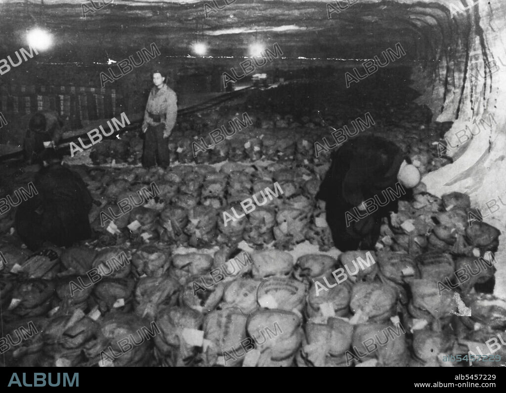 Third U.S. Army Captures Reich Gold Reserve -- A Reichsbank official (right), taken into custody along with the mine's treasures, checks over the masses of labeled bags of money with finance corps men of the Third U.S. Army.what is believed to be the entire gold reserve of the German Reichsbank, hoards of German and Allied paper currency and priceless art treasures moved from Berlin were discovered in a salt mine in Markers, Germany, by troops of the Third U.S. Army April 7, 1945. It is estimated that 100 tons of gold bullion, probably all that Germany possesses, was stored in the underground vault south of Muhlhausen. Captured currency included German paper marks valued at $2,000,000,000 in American currency. May 21, 1945. (Photo by U.S Office Of War Information Picture).