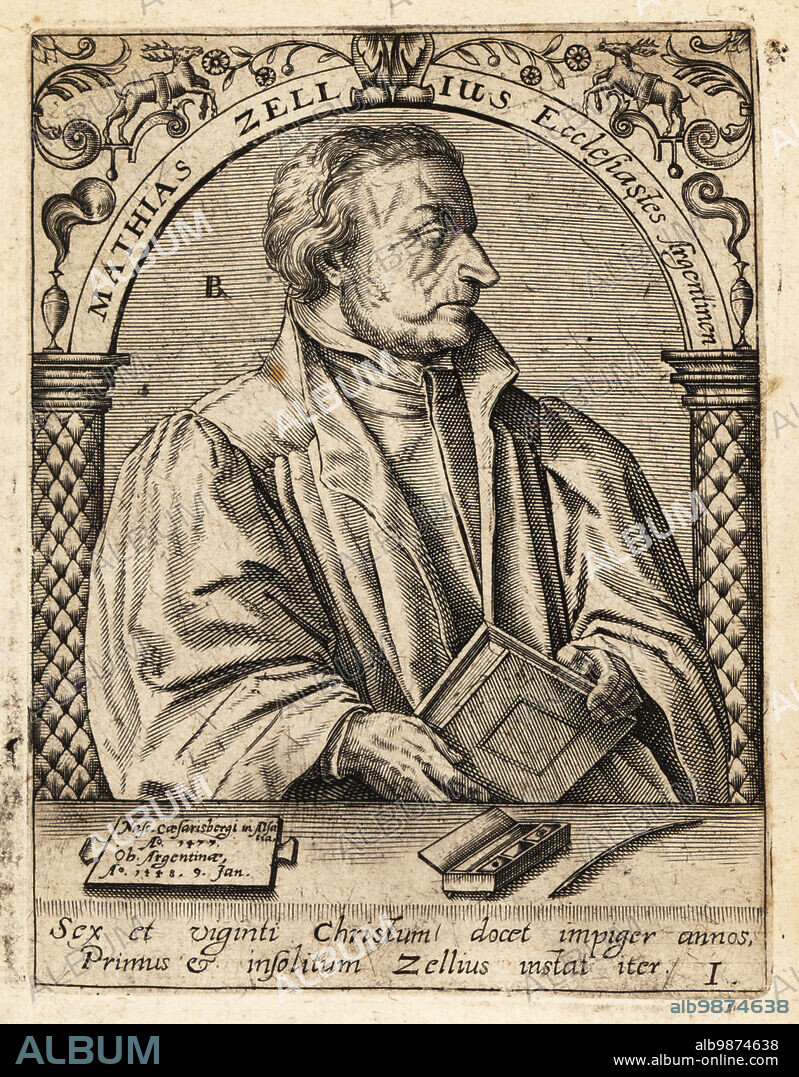 Matthäus Zell, 1477-1548, Lutheran pastor and early Protestant reformer. Mathias Zellius Ecclesiastes Argentinen. Copperplate engraving by Johann Theodore de Bry from Jean-Jacques Boissards Bibliotheca Chalcographica, Johann Ammonius, Frankfurt, 1650.