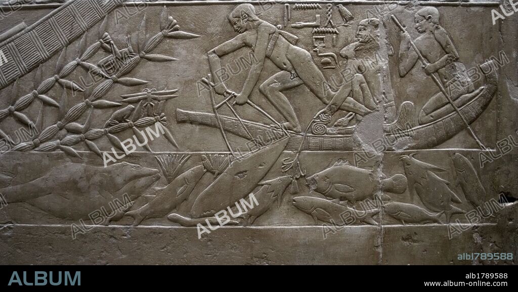 ARTE EGIPCIO. EGIPTO. MASTABA DE KAGEMNI o MENI. Tumba de un alto funcionario de la VI DINASTIA. IMPERIO ANTIGUO. Su interior se encuentra decorado con relieves menfitas. ESCENA PESCA. Necrópolis de Sakkara.