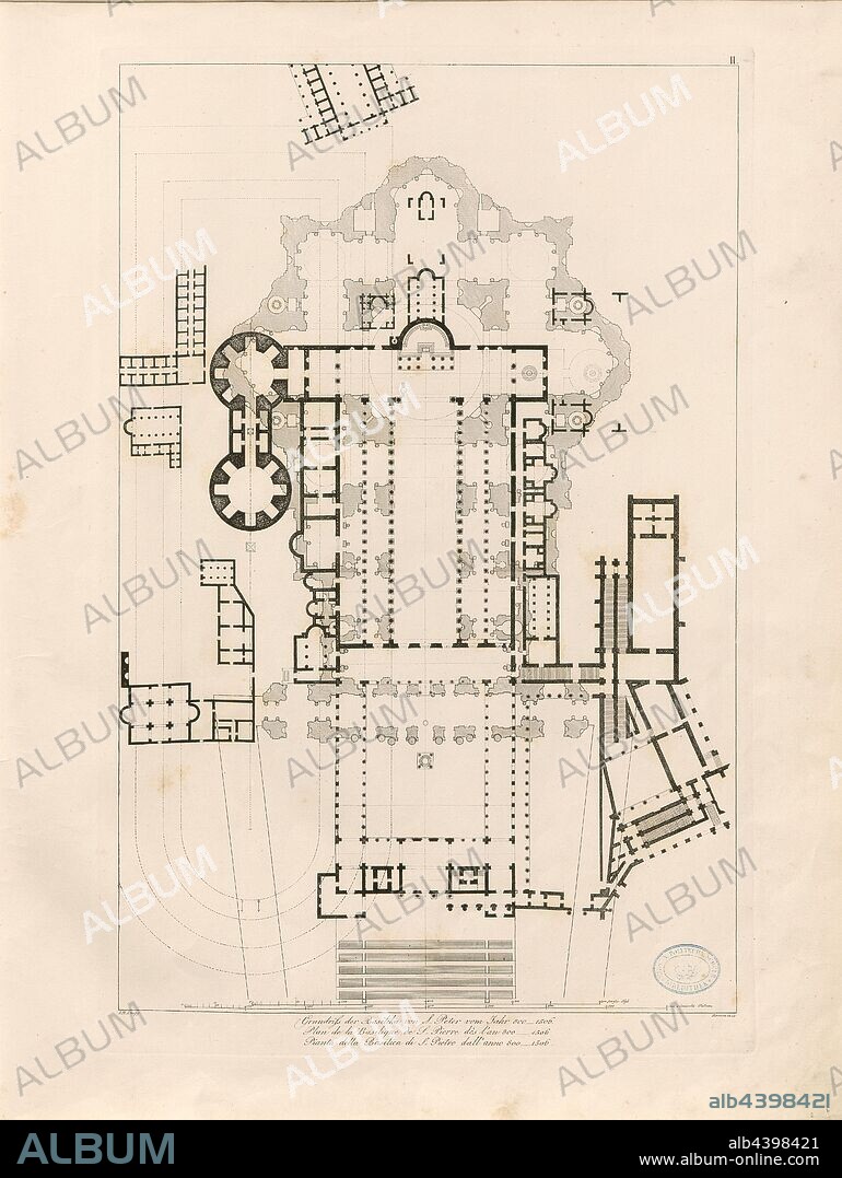 Floor plan of the basilica of S. Peter from the year 800-1506, Ground plan of the Constantine basilica (Old St. Peter) in Rome, Signed: I. M. Knapp, Taf. II, after S. 6, Knapp, I. M. (bearb.), Christian Karl Josias von Bunsen: Die Basiliken des christlichen Roms: nach ihrem Zusammenhange mit Idee und Geschichte der Kirchenbaukunst. Bd. 2. München: Literarisch-artistische Anstalt der J. G. Cotta'schen Buchhandlung, [1824].