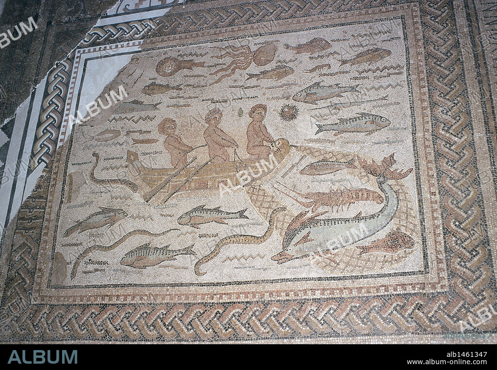 ARTE ROMANO. ESPAÑA. "MOSAICO DE LOS PECES". S. IV. Procede de la Casa de Hippolytus, situada en la antigua ciudad de Complutum, actual Alcalá de Henares. Comunidad de Madrid.