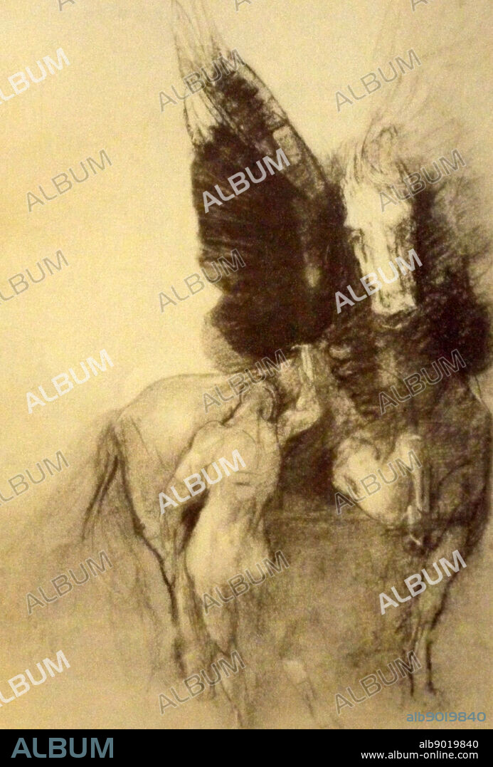 Incomplete sketch of Pegasus and Bellerophon by Odilon Redon (1840 - 1916) French Symbolist painter, printmaker, draughtsman and pastellist. Dated 1887.