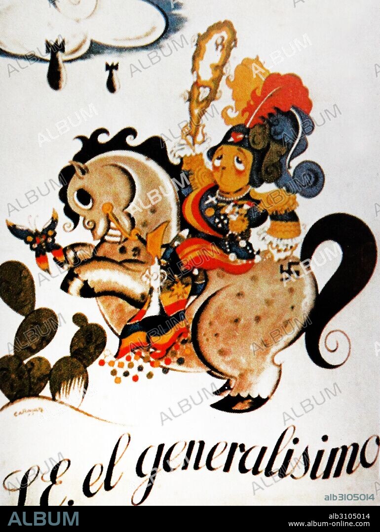 Anti-fascist poster, by the artist, Antonio Cañavate Gomez, depicting General Francisco Franco, leader of Nationalist Spain. the central figure of the rider on the horse is reminiscent of the caballo de bastos (knight of clubs) that appears on Spanish playing cards. Consequently, the club that Franco clasps in his right hand is symbolic of both the caricature of him and of the violent and repressive nature of Franco’s leadership.
