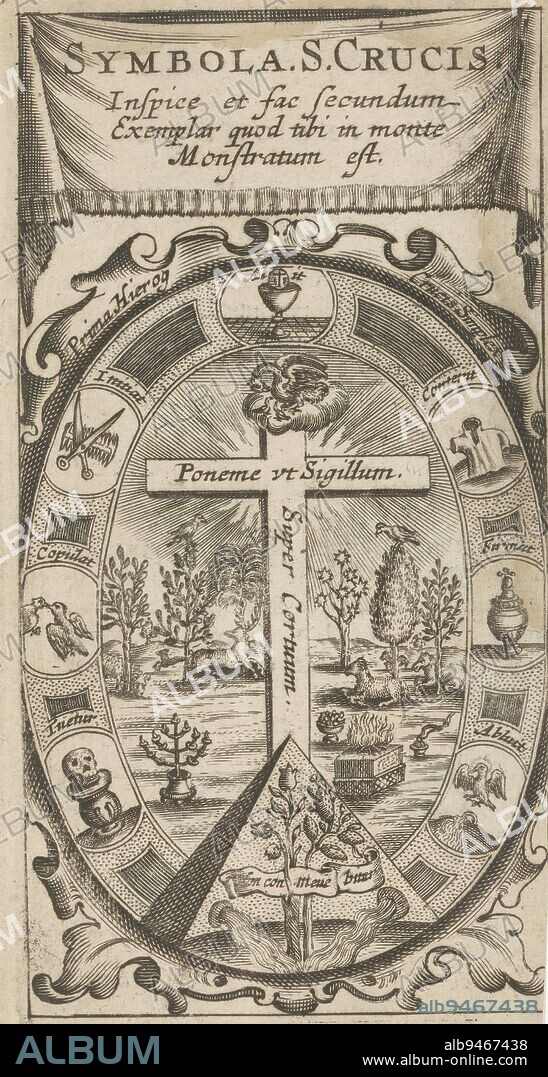 Cross with pelican on top, Symbola Divina et Humana Pontificum Imperatorum Regum (series title), A cross stands in a landscape with trees and animals. Next to it a menorah and altar. On top of the cross a pelican is feeding its young. Framed in an ornamental border with cartouches. In it a chalice with host, a him, the Holy Spirit in the form of a dove above a stream, a pedestal with skull, two loving doves and scissors with comb. Below a pyramid depicting lilies among thistles., print maker: anonymous, after print by: Aegidius Sadeler (II), 1666, paper, engraving, letterpress printing, height 122 mm × width 66 mm.