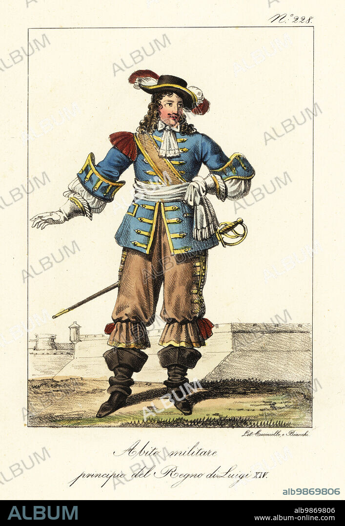 French military uniform of the start of the reign of King Louis XIV. Plumed hat, blue coat with one epaulette, gold frogging, pantalons, cavalier boots, sword. Costume Militaire commencement du Regne de Louis XIV.. Handcoloured lithograph by Lorenzo Bianchi and Domenico Cuciniello after Hippolyte Lecomte from Costumi civili e militari della monarchia francese dal 1200 al 1820, Naples, 1825. Italian edition of Lecomtes Civilian and military costumes of the French monarchy from 1200 to 1820.