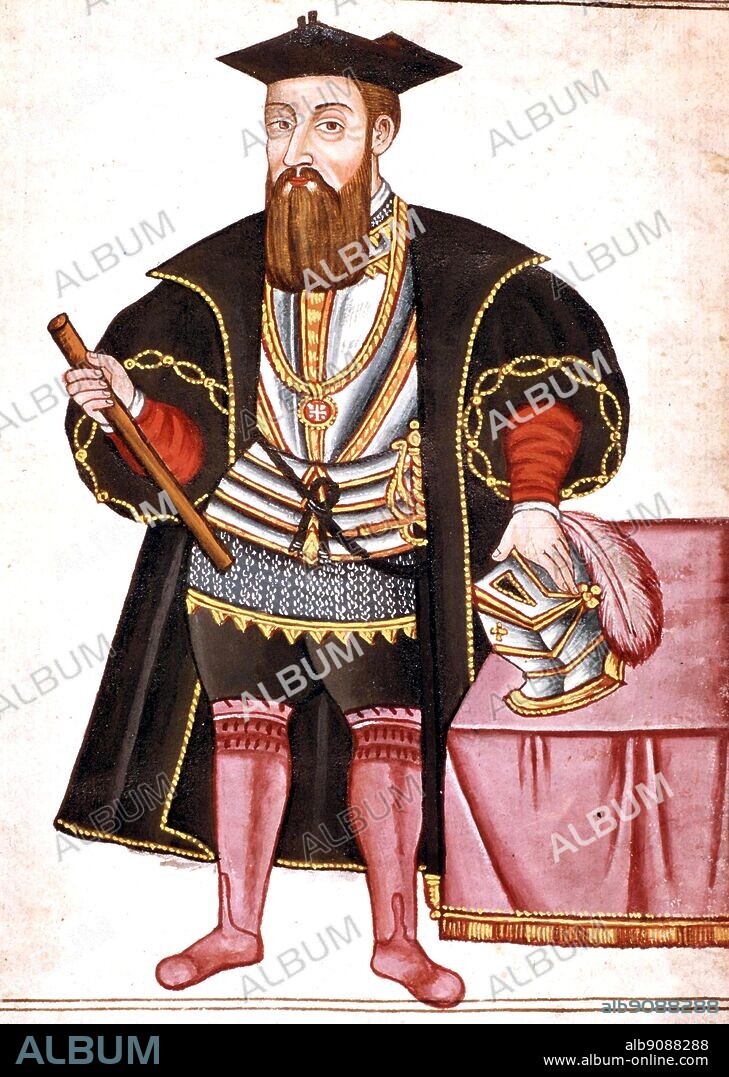 Miniature portrait of Vasco da Gama - Vasco Da Gama was born in 1469 in Sines, Portugal. As a young man, Vasco learned astronomy and navigation. He bacame a naval Officer in 1492. In 1497, King Manuel the First of Portugal asked Da Gama to find a sea route to India by sailing around Africa. Da Gamas father had been chosen to lead the expedition, but he died before the plans were completed.