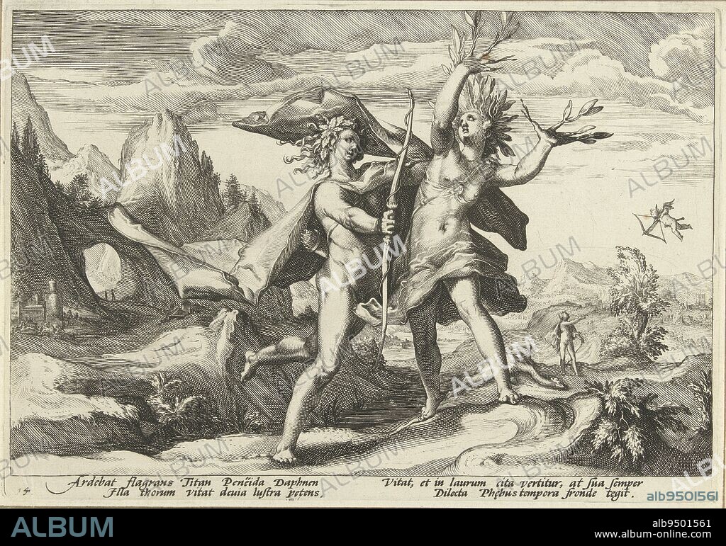 When the nymph Daphne was pursued by Apollo, who had fallen in love with her, she begged her father Peneus (a river god) for help. Peneus caused his daughter to escape her attacker by transforming her into a laurel tree. We see the moment when Daphne's arms change into leafy branches, while Apollo wants to grab her. In the background, Cupid, near the dead body of Python, strikes Apollo with one of his arrows. Below the depiction are two lines of Latin text. This print is part of a series of 52 prints depicting stories from Ovid's Metamorphoses. This series is divided into three numbered series: two of 20 prints and one of 12 prints. This print belongs to the first series., Daphne turns into a laurel tree Ovid's Metamorphoses (series title), print maker: Hendrick Goltzius, (workshop of), Hendrick Goltzius, Franco Estius, Haarlem, 1589, paper, engraving, h 177 mm × w 252 mm.