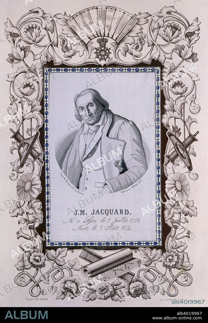 Joseph-Marie Jacquard, inventor of the Jacquard loom, c1850. Woven silk portrait of French silk-weaver Jacquard (1752-1834), produced on a Jacquard loom. Jacquard invented a method of weaving intricate patterns using a system of punched cards. Surrounding the portrait is a printed border showing the punched cards which carried the pattern, paper for designing patterns, and shuttles, and bobbins for weaving.